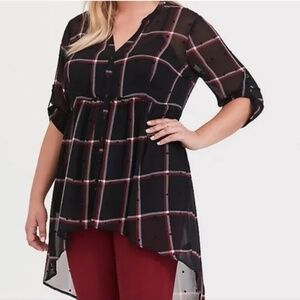 Torrid Size 2 Sheer Flocked Polka Dot Black and Red Plaid High Low Blouse